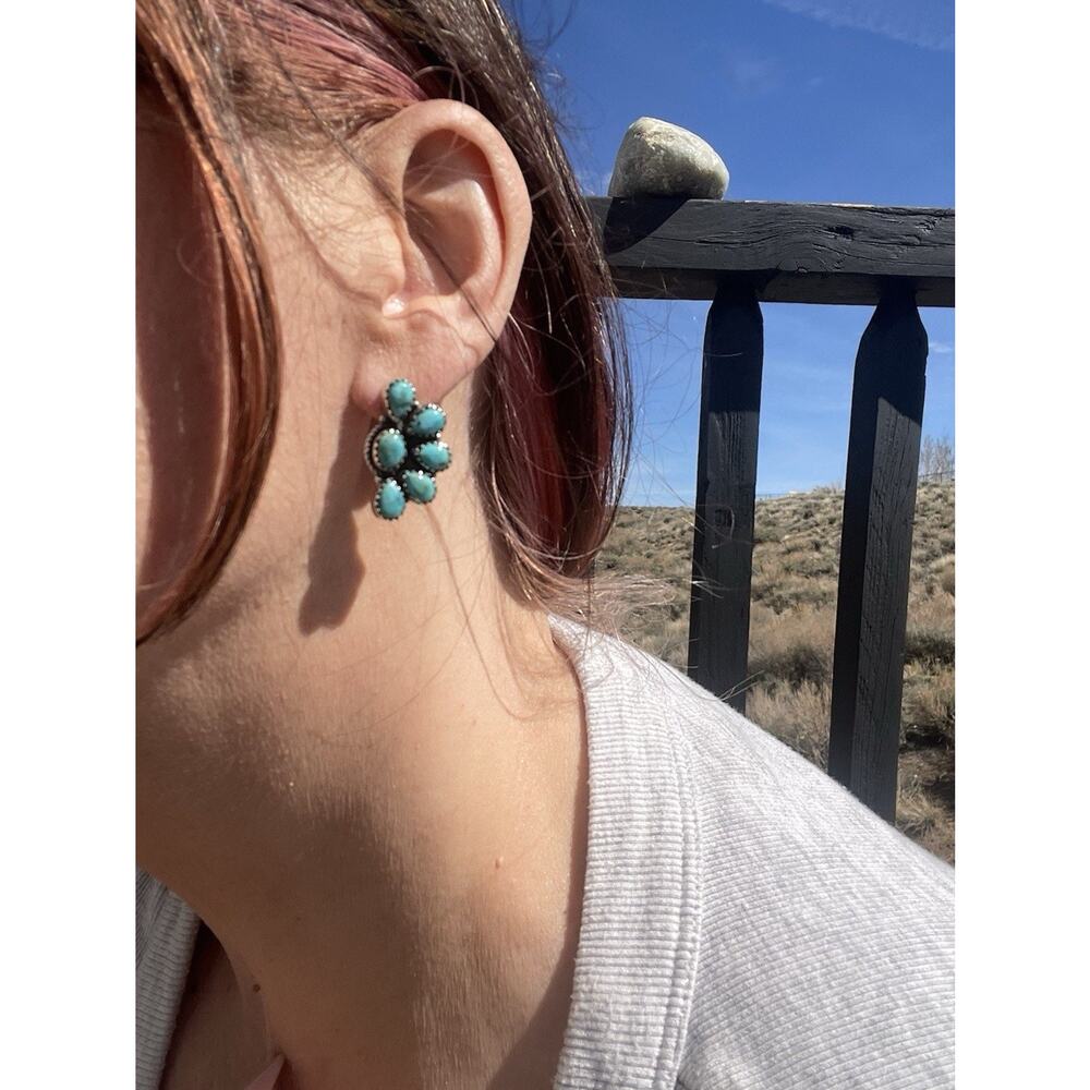 Turquoise Cluster Earrings Sterling Silver Southwestern Native Style Statement - Picture 4 of 11